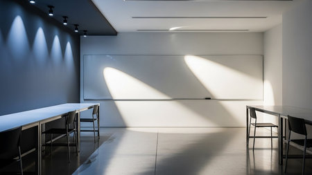 A modern classroom interior with a long whiteboard, tables, and chairs, illuminated by dramatic natural light and spotlights.の素材