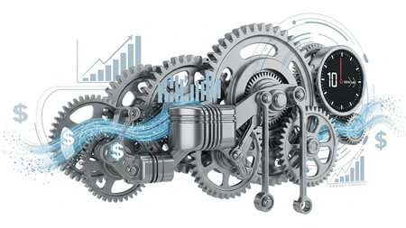 Precision showing intricate mechanical engine gears and piston with financial graphics and timer on white keywords: engine, gears, mechanical,...の素材