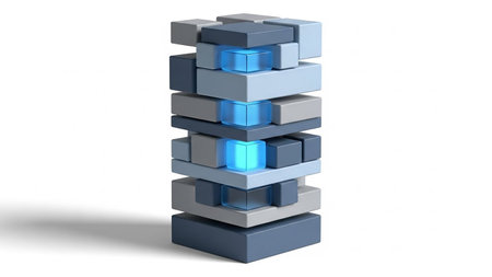 An abstract tower composed of interlocking gray and blue blocks with glowing blue cubes at intervals, set against a white background.の素材