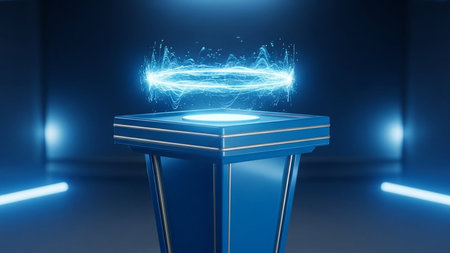 A futuristic blue podium with a glowing blue energy ring and swirling particles in a dark, sci-fi inspired environment.の素材