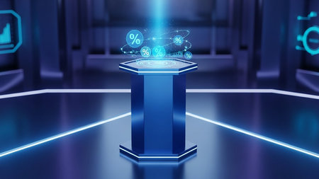 A futuristic blue pedestal displays holographic percent symbols and data charts in a glowing, abstract digital environment.の素材