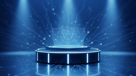 A futuristic podium with a glowing holographic display showing a digital network projection against a dark, illuminated background.の素材