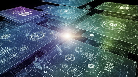 Futuristic digital interface screens with glowing circuits and data flow in a dark environment.の素材