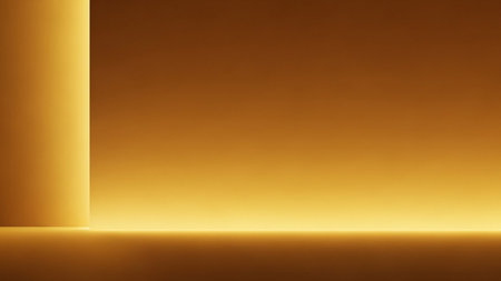 Abstract warm golden yellow light emanating from the intersection of vertical and horizontal surfaces, creating a minimalist and luminous glow.の素材