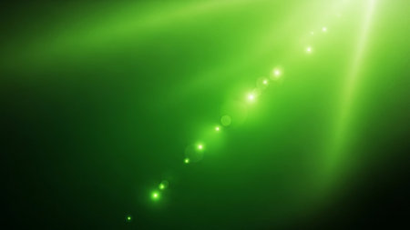 Abstract background with vibrant green light rays and multiple bright lens flare effects scattered across the frame, creating a dynamic and luminous...の素材