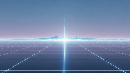 A glowing blue grid stretches to the horizon, meeting a soft purple sky with a distant illuminated mountain...の素材