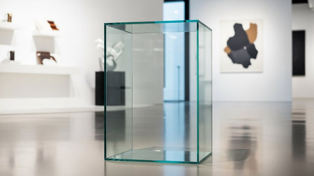 An empty, clear glass display case sits in the center of a bright, modern art gallery with paintings on the walls.の素材