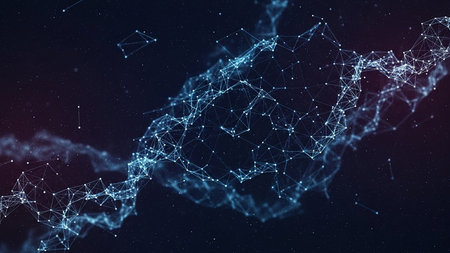 A complex digital network of glowing blue nodes and lines forms an abstract constellation against a starry...の素材