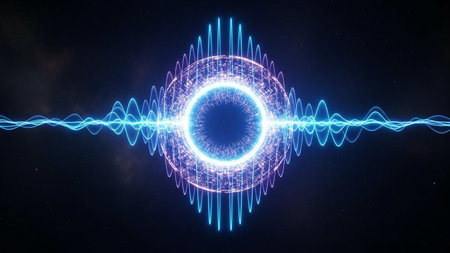 A glowing blue and purple ring pulsates with sound waves against a dark starry background.の素材