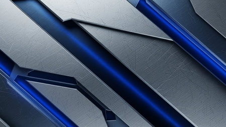 A textured metallic surface with angular grooves illuminated by bright blue light channels and subtle scratches.の素材