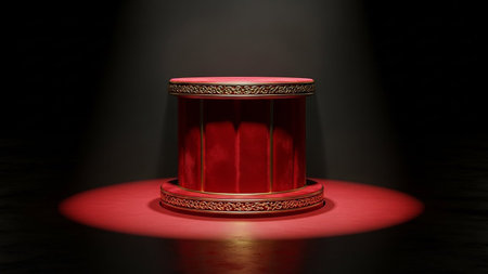 Velvet showing luxurious red velvet podium with gold trim and dramatic spotlight keywords: podium, red, velvet, luxurious, gold, trim, ornate,...の素材