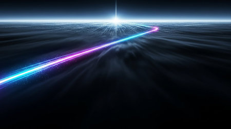 A vibrant blue and pink neon light trail streaks across a dark, misty, abstract landscape towards a bright...の素材