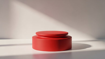A minimalist red two-tiered podium sits on a white surface, casting soft shadows from sunlight filtering through a window.の素材