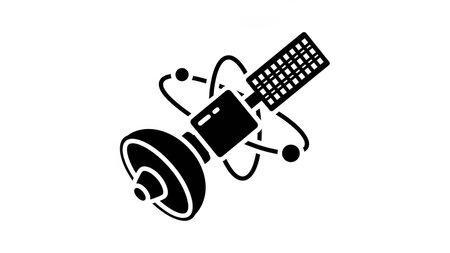 A black silhouette of a satellite with solar panels and orbiting elements on white.の素材