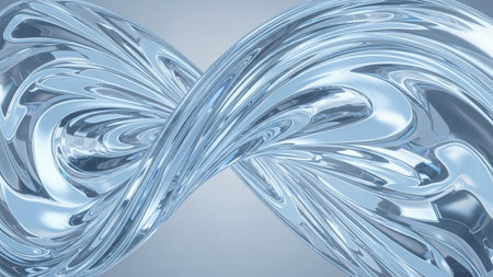 Abstract swirling blue liquid form with a reflective surface against a soft gradient background.の素材