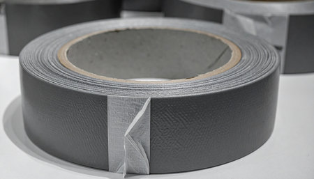 A close-up view of a roll of gray duct tape with a torn section of tape peeling away, set against a white background.の素材