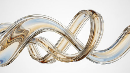 A transparent glass tube with amber and blue swirls on a white background. Clear details and vibrant colors en...の素材