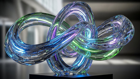 A faceted crystal sculpture with iridescent colors, featuring intertwined loops and a reflective surface.の素材