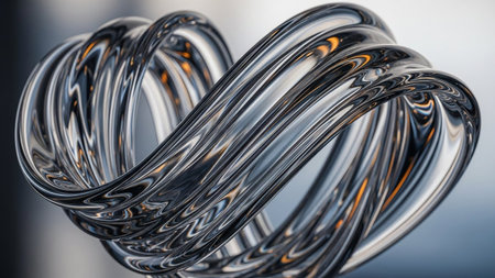 A metallic abstract shape with twisted, reflective surfaces and subtle orange highlights.の素材