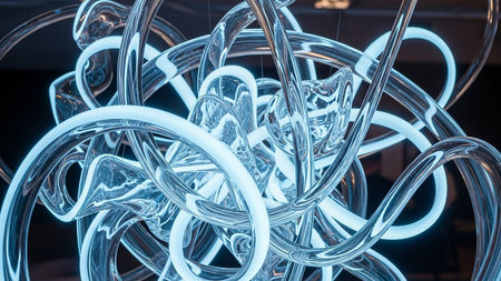 A complex network of intertwined transparent tubes with glowing blue light creates an abstract, luminous...の素材