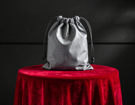 A gray velvet drawstring pouch is presented on a round red velvet draped table with a dark background.の素材