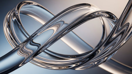 An abstract clear glass tube twisted into a loop with reflections and highlights on a white background.の素材