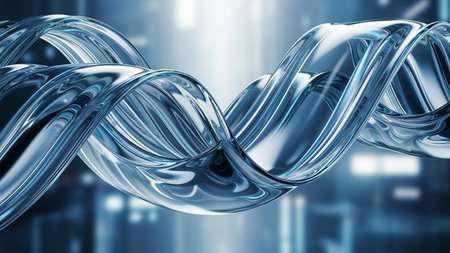 Abstract transparent glass tube swirling with blurred blue city lights in the background.の素材