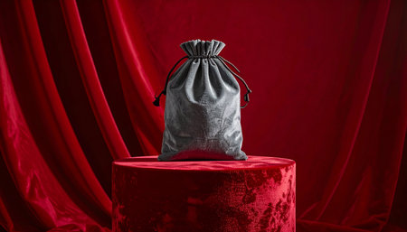 A gray velvet drawstring bag rests on a red velvet pedestal, framed by draped red velvet fabric.の素材