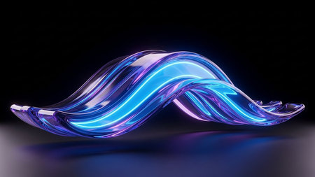 A twisted form of neon blue and purple light with a glossy surface on dark. Clear details and vibrant colors e...の素材