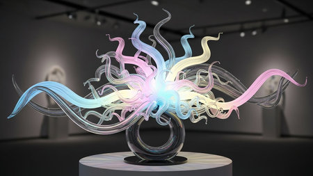 A vibrant, multi-colored glass sculpture with intricate swirling tendrils displayed in a dimly lit gallery.の素材