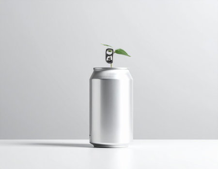 Small showing silver aluminum can with a small green sprout growing from the top. High resolution image suitable for commercial use.の素材