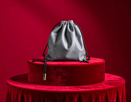 A gray velvet drawstring bag rests on a red velvet pedestal against a backdrop of draped red fabric.の素材