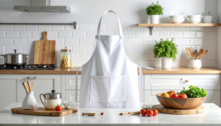 A white apron is displayed in a bright kitchen with a bowl of vegetables, tomatoes, and cooking utensils on the counter.の素材