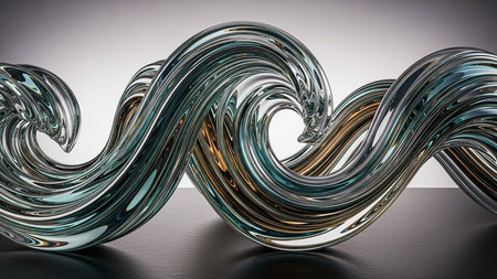 A twisted metallic glass sculpture with teal and gold tones, reflecting light on a dark surface.の素材
