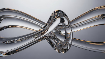 Intertwined clear and metallic liquid ribbons forming a complex knot shape with reflective surfaces.の素材