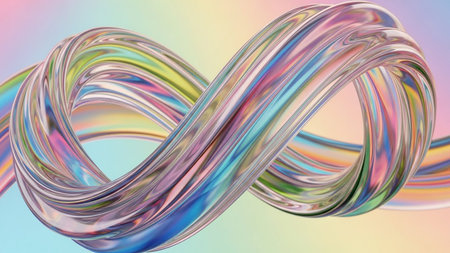 An iridescent, swirling ribbon forms an infinity symbol shape with a smooth, glossy texture.の素材