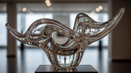 A modern abstract sculpture made of polished chrome with organic, flowing shapes, displayed in a gallery setting.の素材