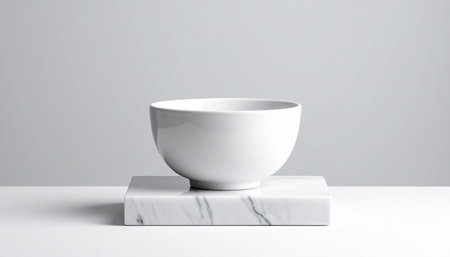 A white ceramic bowl rests on a white marble block against a plain light gray background.の素材