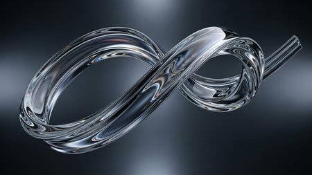 Infinity loop of polished chrome liquid metal with reflections and highlights on a dark backgroundの素材