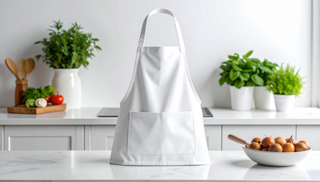 A white apron is centered in a bright kitchen setting, with green plants and a bowl of fruit on the counter.の素材