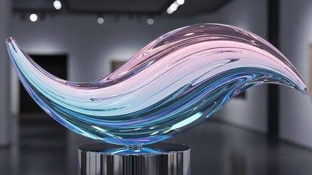 An iridescent sculpture with pink and blue hues displayed in an art gallery. Clear details and vibrant colors ...の素材