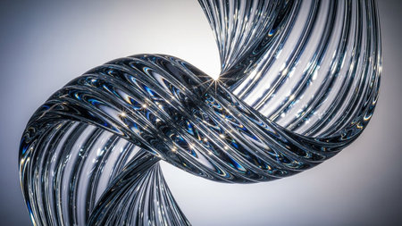 A twisted glass sculpture with blue and silver reflections and sparkling highlights.の素材