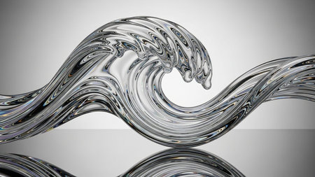 A 3D rendered transparent wave shape resembling liquid metal or glass with reflections.の素材
