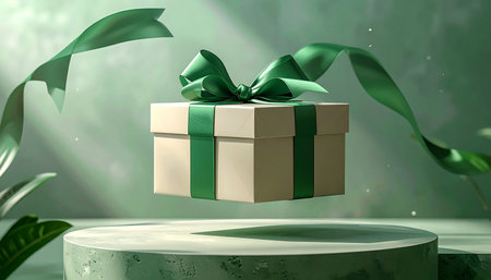 A beige gift box with a green ribbon and bow floats above a marble pedestal surrounded by green leaves and soft light.の素材