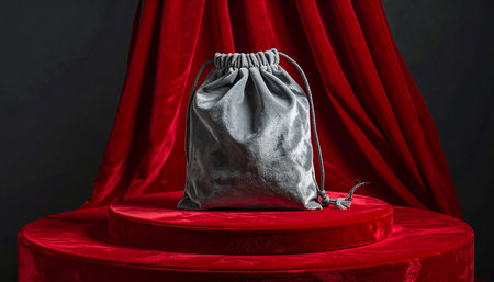A gray velvet drawstring pouch rests on a red velvet stage with flowing red velvet drapes behind it.の素材