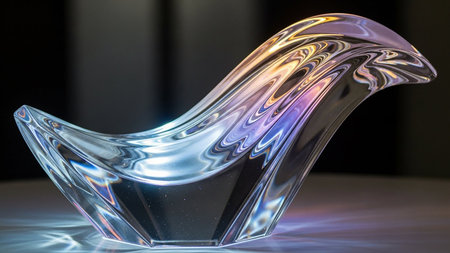 A sculptural clear glass object with colorful light refractions and shadows, presented on a surface with...の素材
