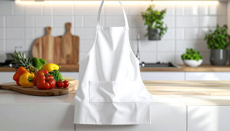 A clean white apron hangs in a bright, modern kitchen with fresh produce arranged on the counter.の素材