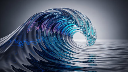 A translucent glass wave with blue and purple swirls against a dark gradient background.の素材
