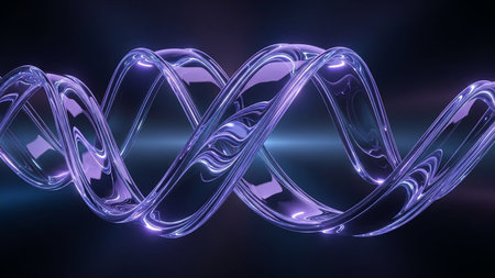 A futuristic abstract DNA helix structure with glowing purple and blue light. Clear details and vibrant colors...の素材