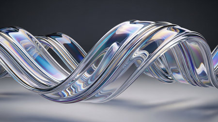 An iridescent twisted ribbon with colorful light reflections on a gray background.の素材